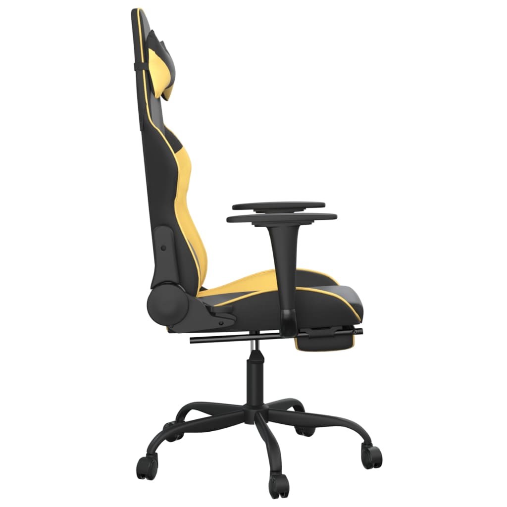 vidaXL Silla gaming masaje y reposapiés cuero sintético negro dorado