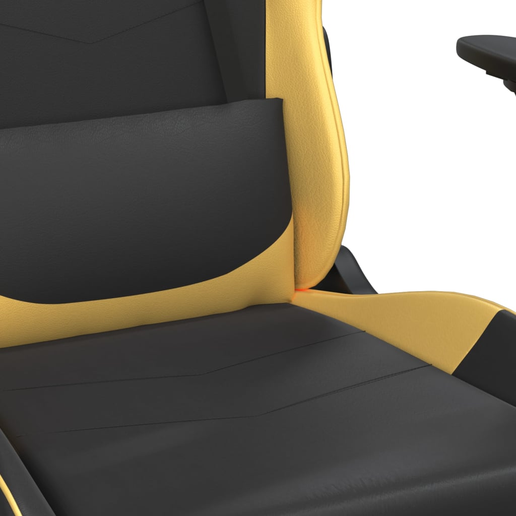 vidaXL Silla gaming masaje y reposapiés cuero sintético negro dorado