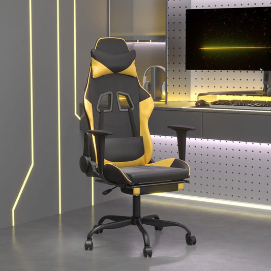 vidaXL Silla gaming masaje y reposapiés cuero sintético negro dorado