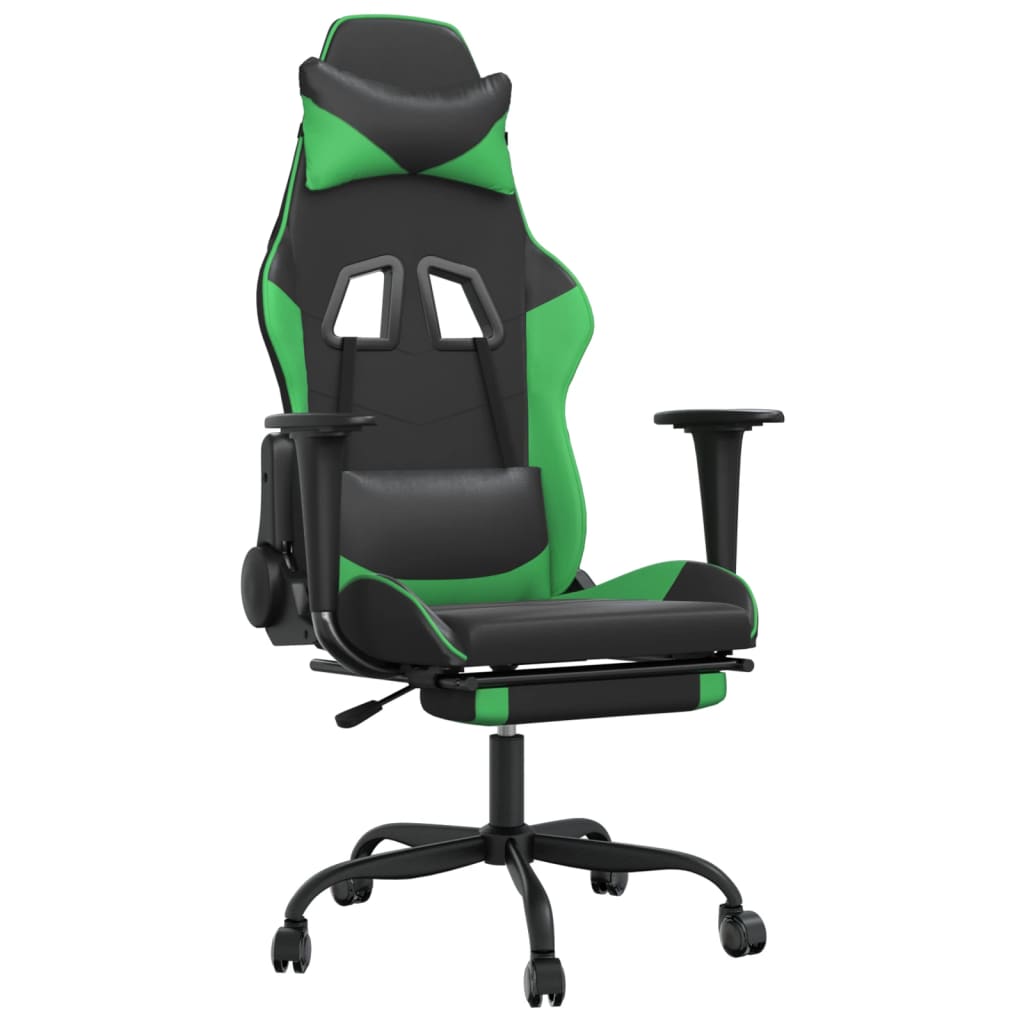 vidaXL Silla gaming de masaje y reposapiés cuero sintético negro verde