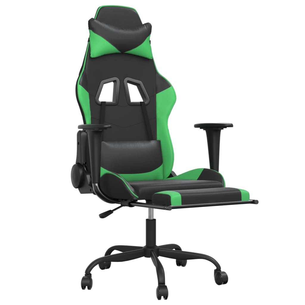 vidaXL Silla gaming de masaje y reposapiés cuero sintético negro verde