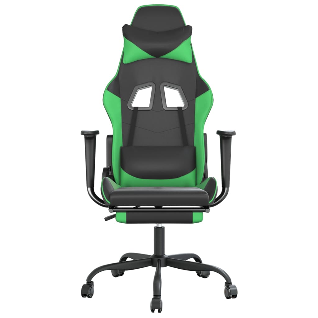 vidaXL Silla gaming de masaje y reposapiés cuero sintético negro verde