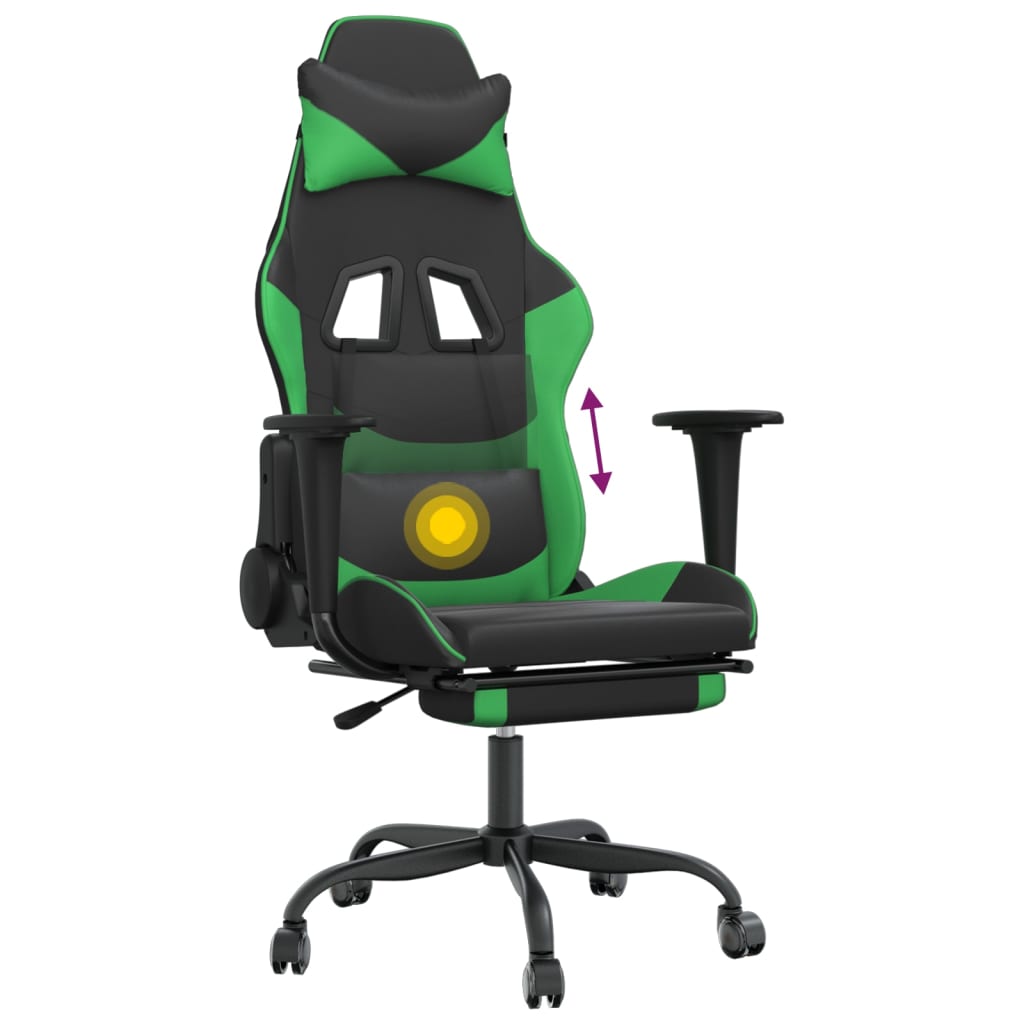 vidaXL Silla gaming de masaje y reposapiés cuero sintético negro verde