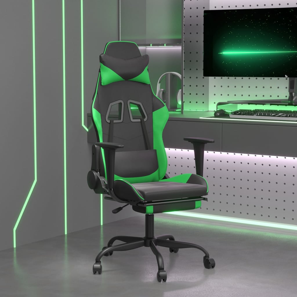 vidaXL Silla gaming de masaje y reposapiés cuero sintético negro verde