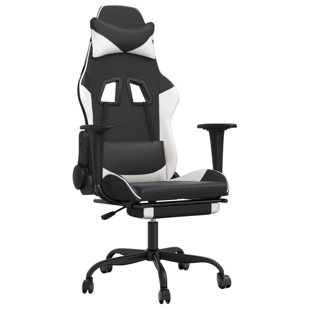 vidaXL Silla gaming masaje y reposapiés cuero sintético negro blanco