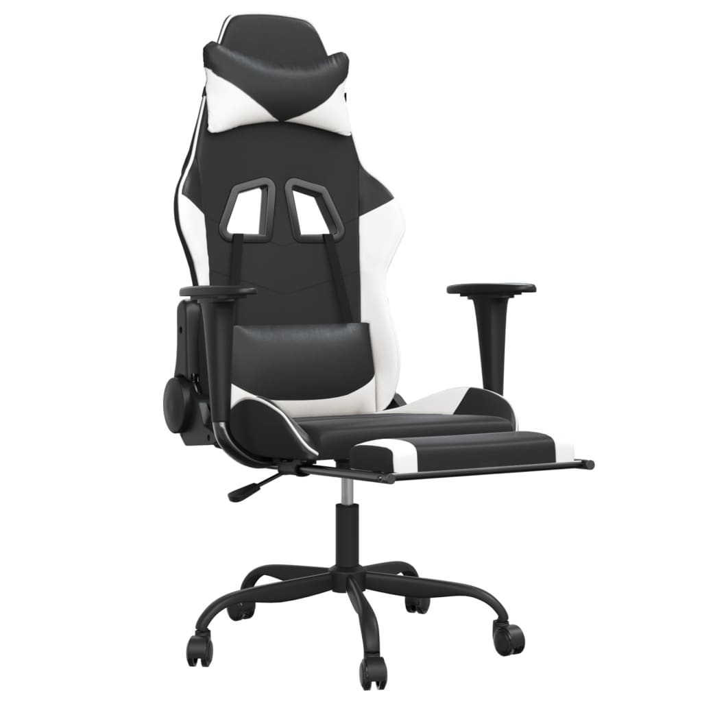 vidaXL Silla gaming masaje y reposapiés cuero sintético negro blanco