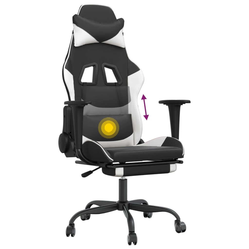 vidaXL Silla gaming masaje y reposapiés cuero sintético negro blanco