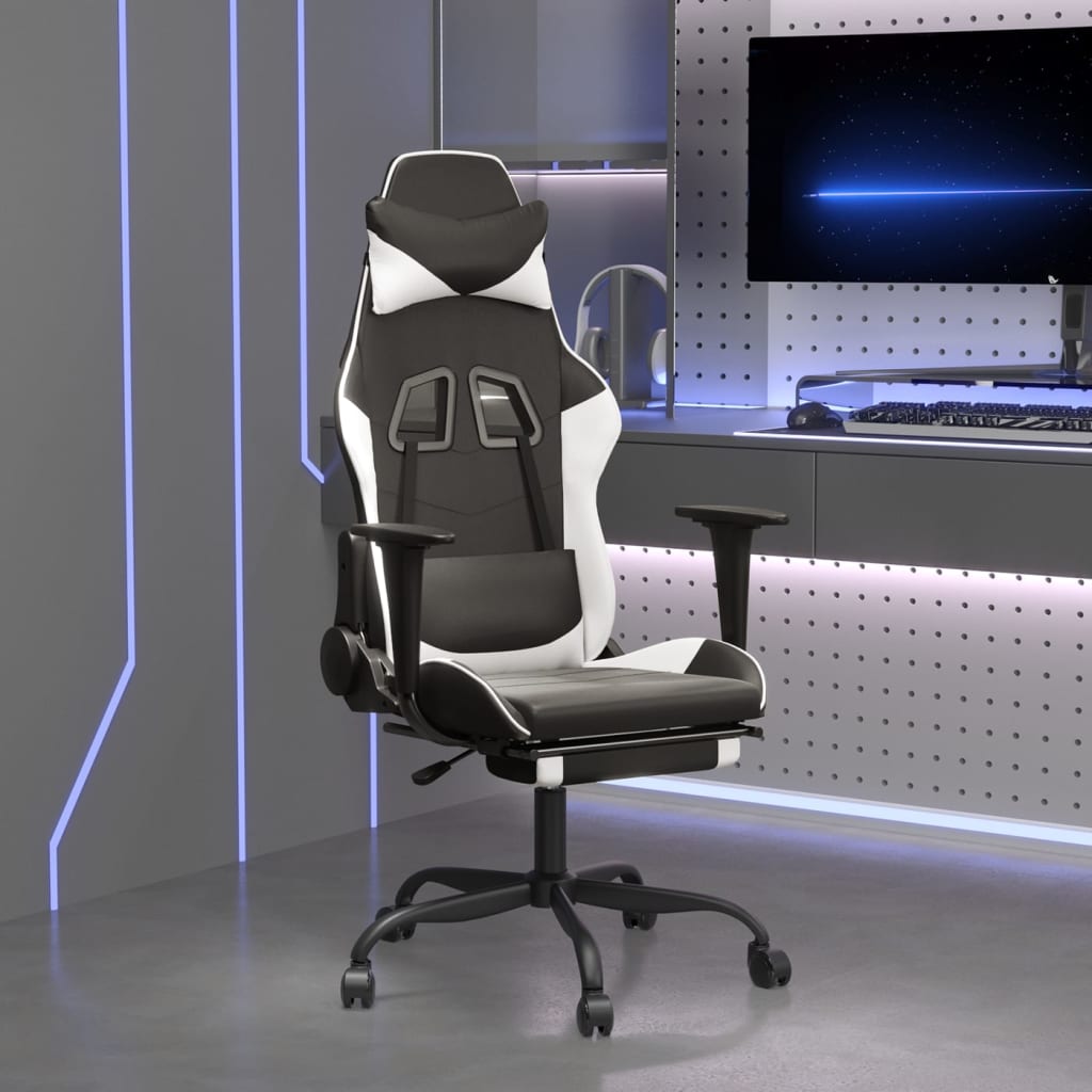 vidaXL Silla gaming masaje y reposapiés cuero sintético negro blanco