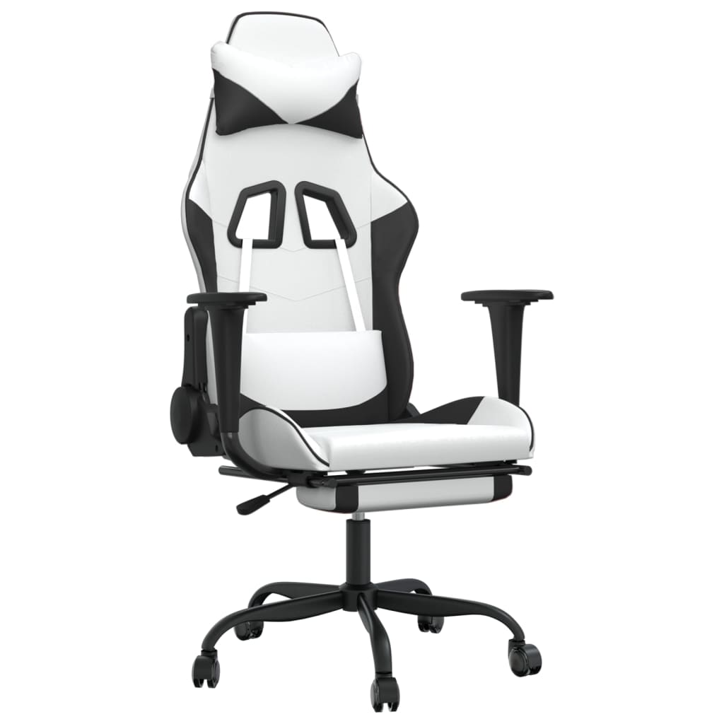 vidaXL Silla gaming masaje y reposapiés cuero sintético negro blanco