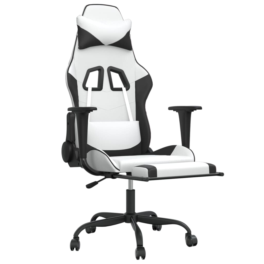 vidaXL Silla gaming masaje y reposapiés cuero sintético negro blanco