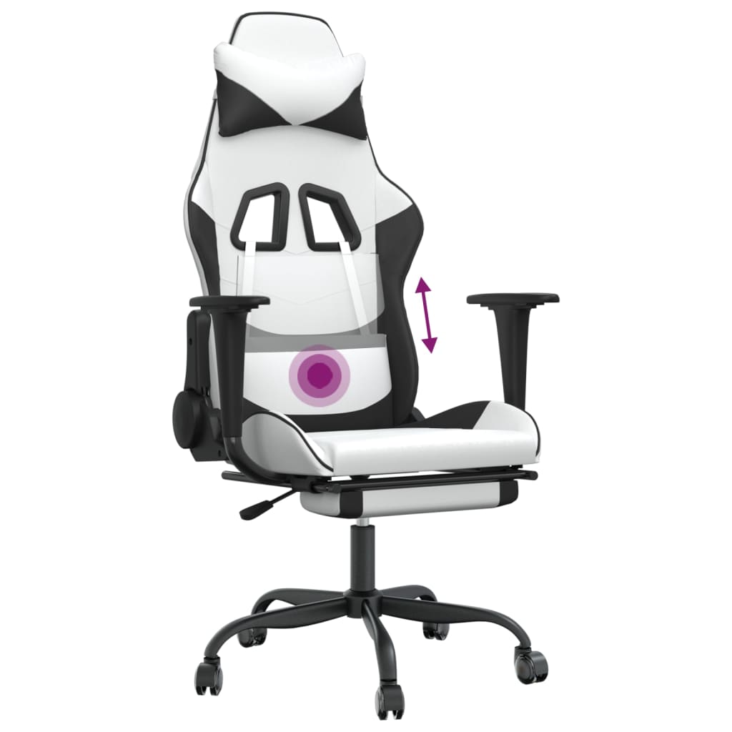 vidaXL Silla gaming masaje y reposapiés cuero sintético negro blanco