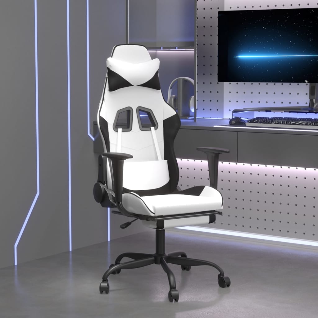 vidaXL Silla gaming masaje y reposapiés cuero sintético negro blanco