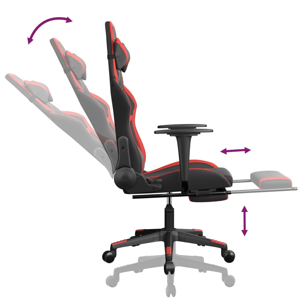 vidaXL Silla gaming de masaje y reposapiés cuero sintético negro rojo