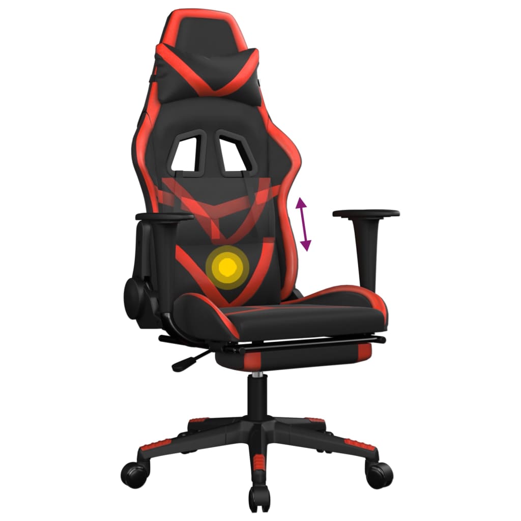 vidaXL Silla gaming de masaje y reposapiés cuero sintético negro rojo