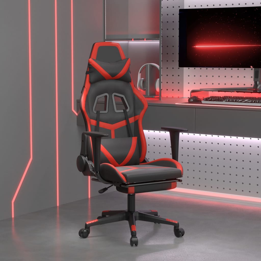 vidaXL Silla gaming de masaje y reposapiés cuero sintético negro rojo