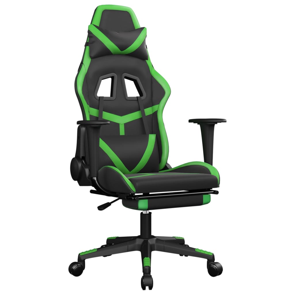 vidaXL Silla gaming de masaje y reposapiés cuero sintético negro verde