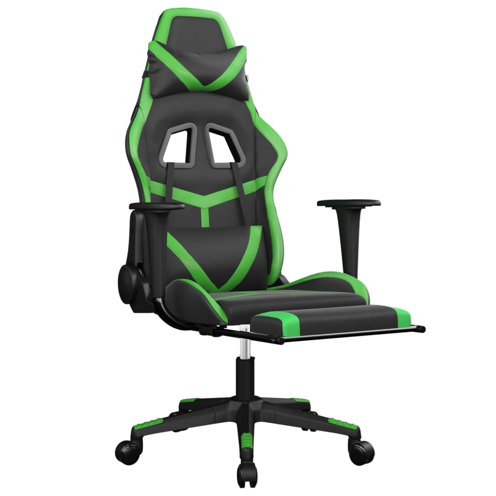 vidaXL Silla gaming de masaje y reposapiés cuero sintético negro verde