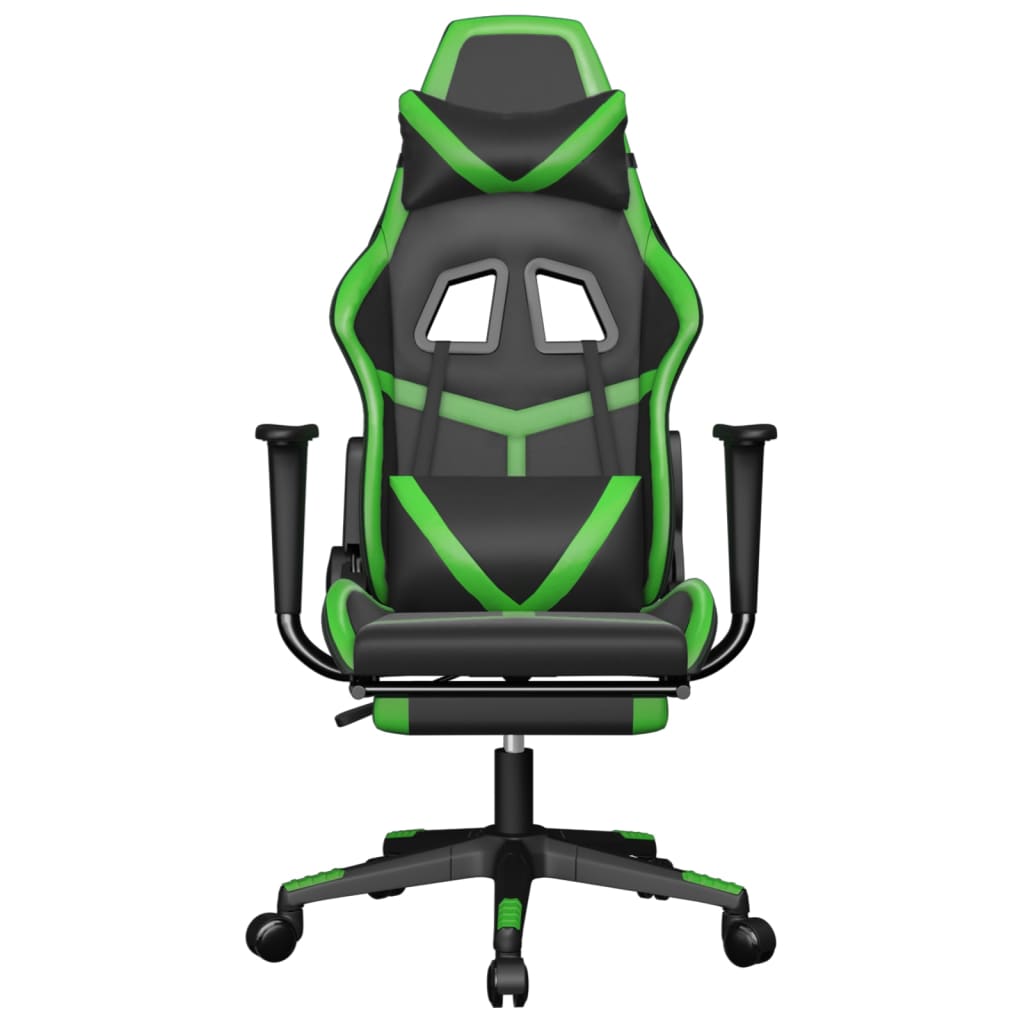 vidaXL Silla gaming de masaje y reposapiés cuero sintético negro verde