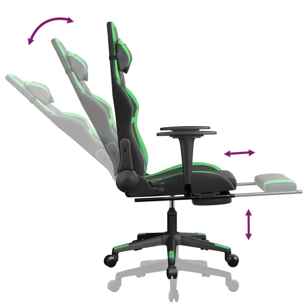 vidaXL Silla gaming de masaje y reposapiés cuero sintético negro verde