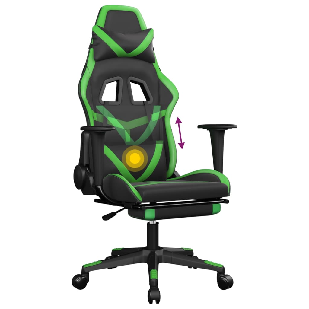 vidaXL Silla gaming de masaje y reposapiés cuero sintético negro verde