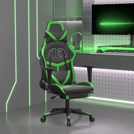 vidaXL Silla gaming de masaje y reposapiés cuero sintético negro verde