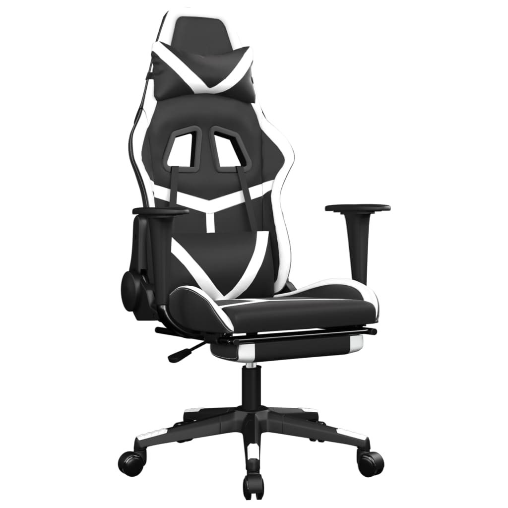 vidaXL Silla gaming masaje y reposapiés cuero sintético negro blanco