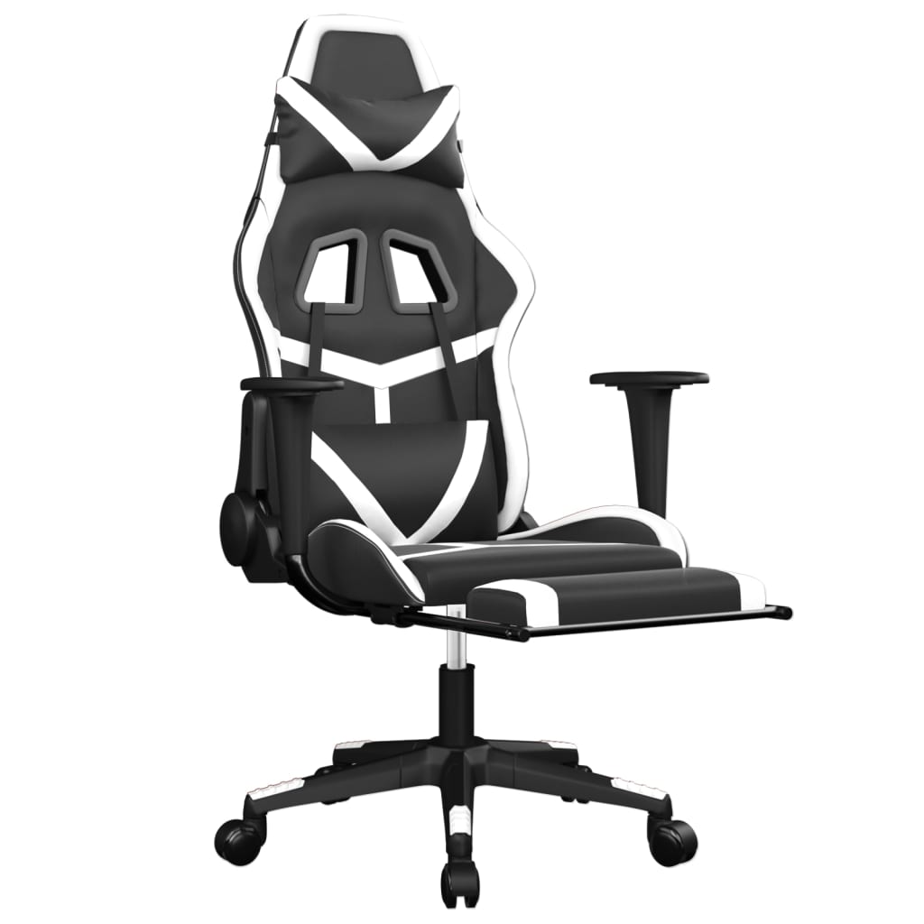 vidaXL Silla gaming masaje y reposapiés cuero sintético negro blanco