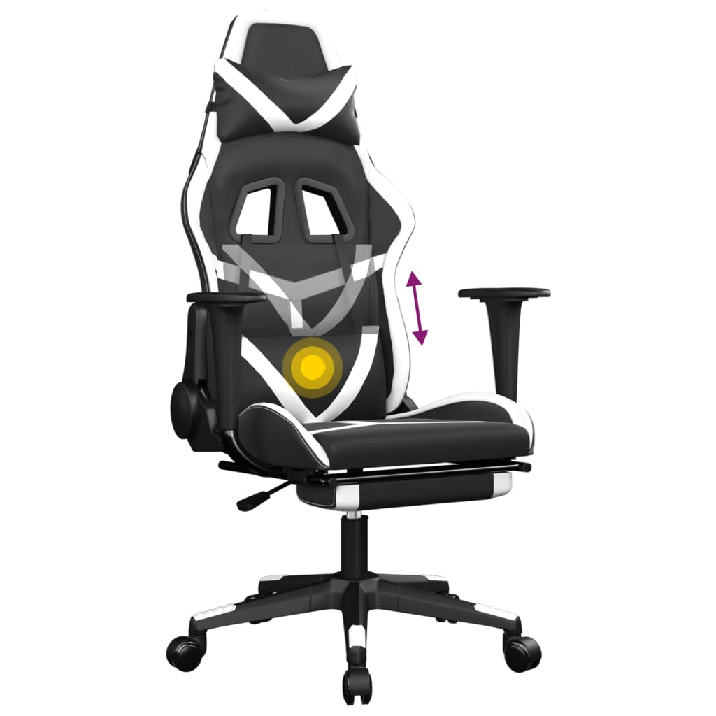 vidaXL Silla gaming masaje y reposapiés cuero sintético negro blanco