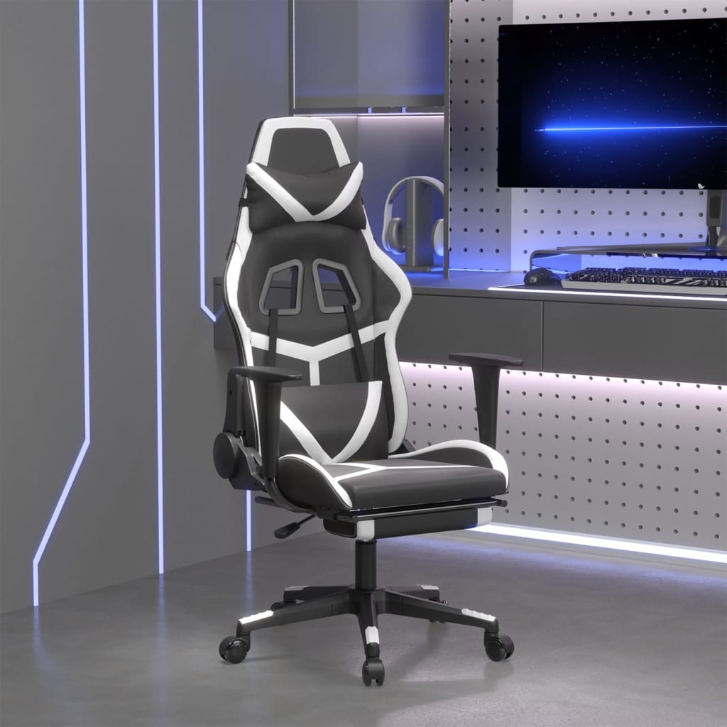 vidaXL Silla gaming masaje y reposapiés cuero sintético negro blanco