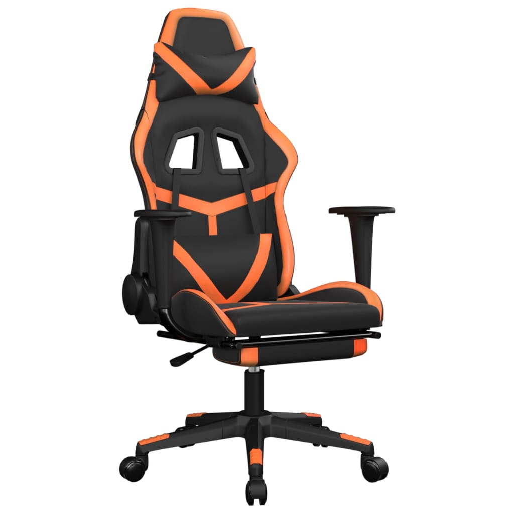 vidaXL Silla gaming masaje y reposapiés cuero sintético negro naranja