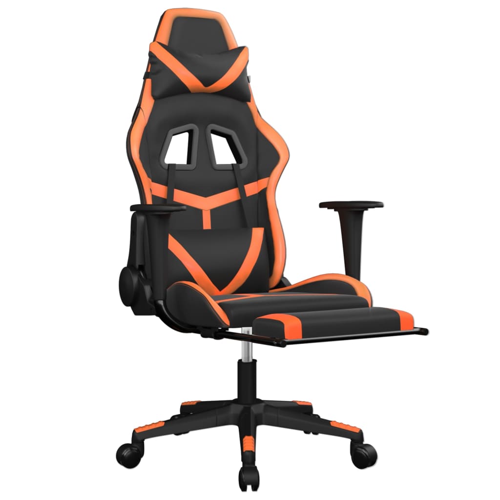 vidaXL Silla gaming masaje y reposapiés cuero sintético negro naranja