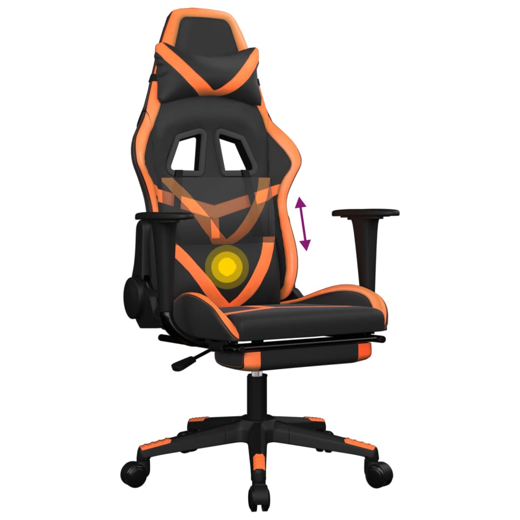 vidaXL Silla gaming masaje y reposapiés cuero sintético negro naranja