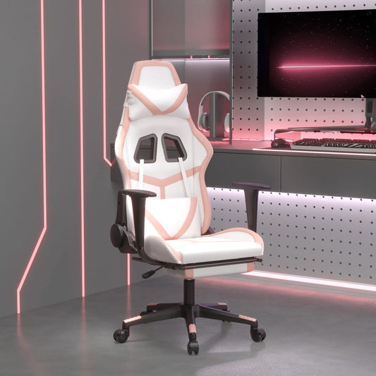 vidaXL Silla gaming masaje y reposapiés cuero sintético blanco y rosa