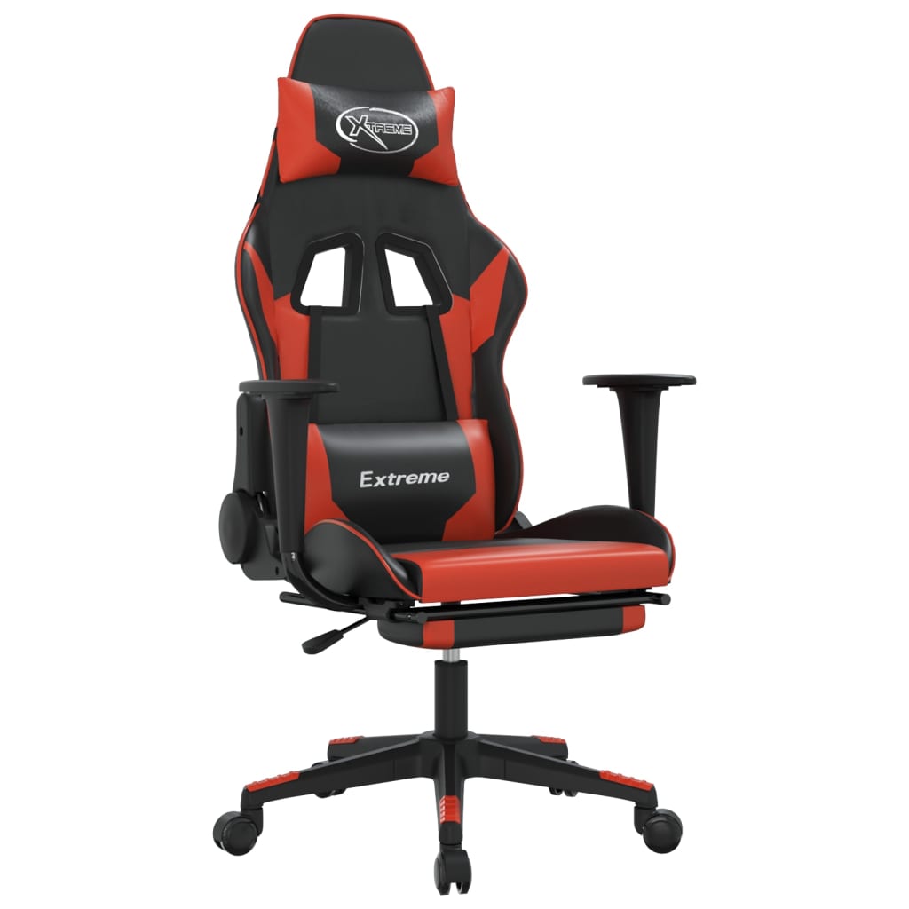 vidaXL Silla gaming de masaje y reposapiés cuero sintético negro rojo