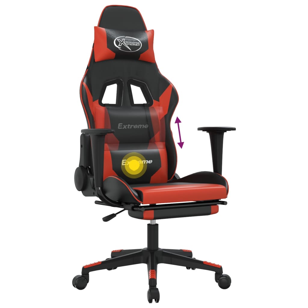 vidaXL Silla gaming de masaje y reposapiés cuero sintético negro rojo