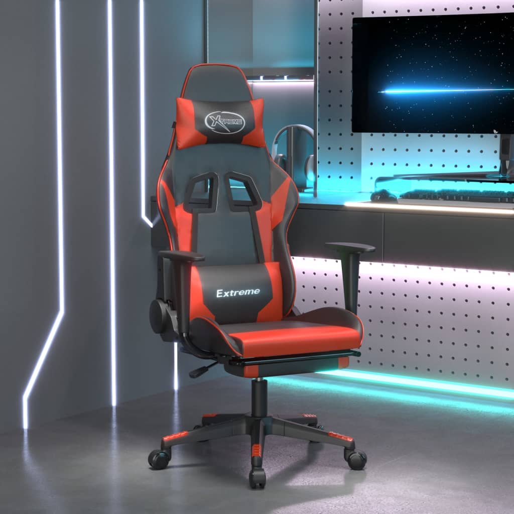 vidaXL Silla gaming de masaje y reposapiés cuero sintético negro rojo