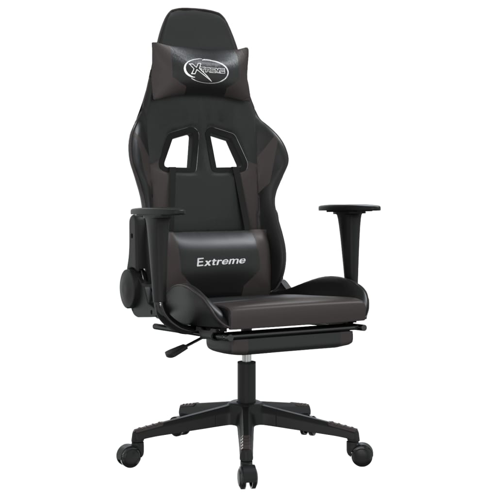 vidaXL Silla gaming de masaje y reposapiés cuero sintético negro gris