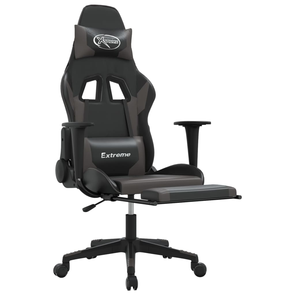 vidaXL Silla gaming de masaje y reposapiés cuero sintético negro gris