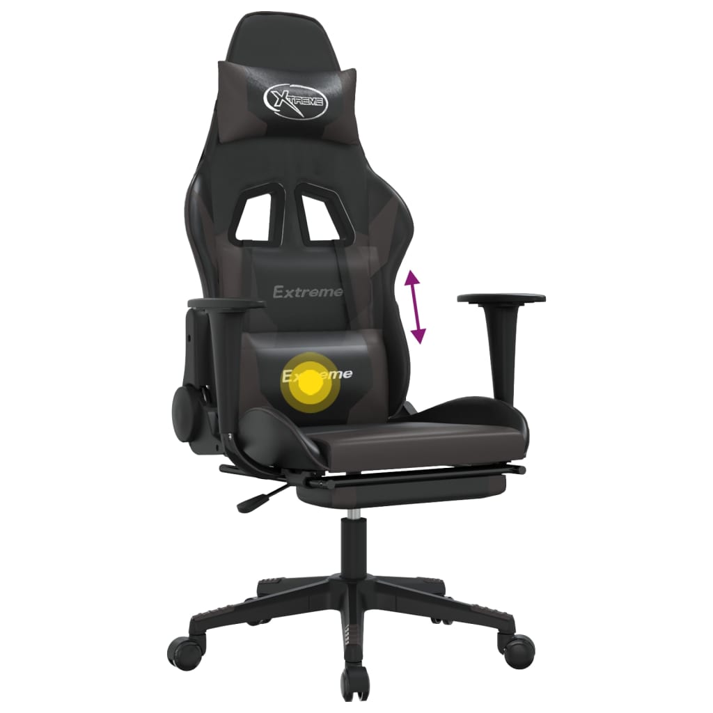 vidaXL Silla gaming de masaje y reposapiés cuero sintético negro gris