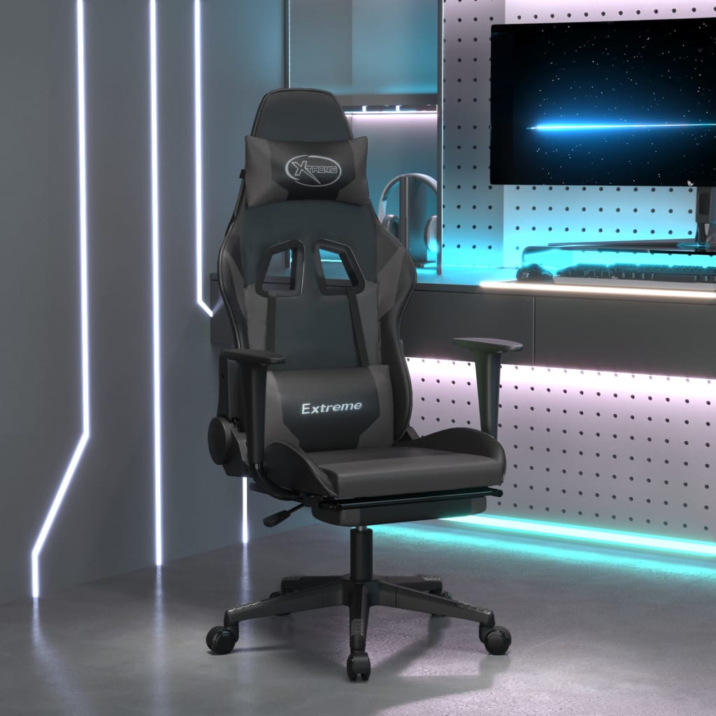 vidaXL Silla gaming de masaje y reposapiés cuero sintético negro gris