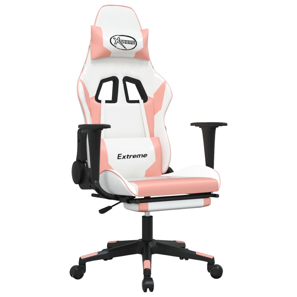 vidaXL Silla gaming masaje y reposapiés cuero sintético blanco y rosa