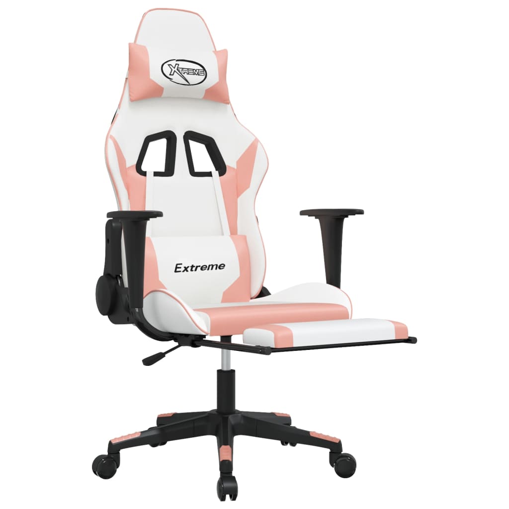 vidaXL Silla gaming masaje y reposapiés cuero sintético blanco y rosa