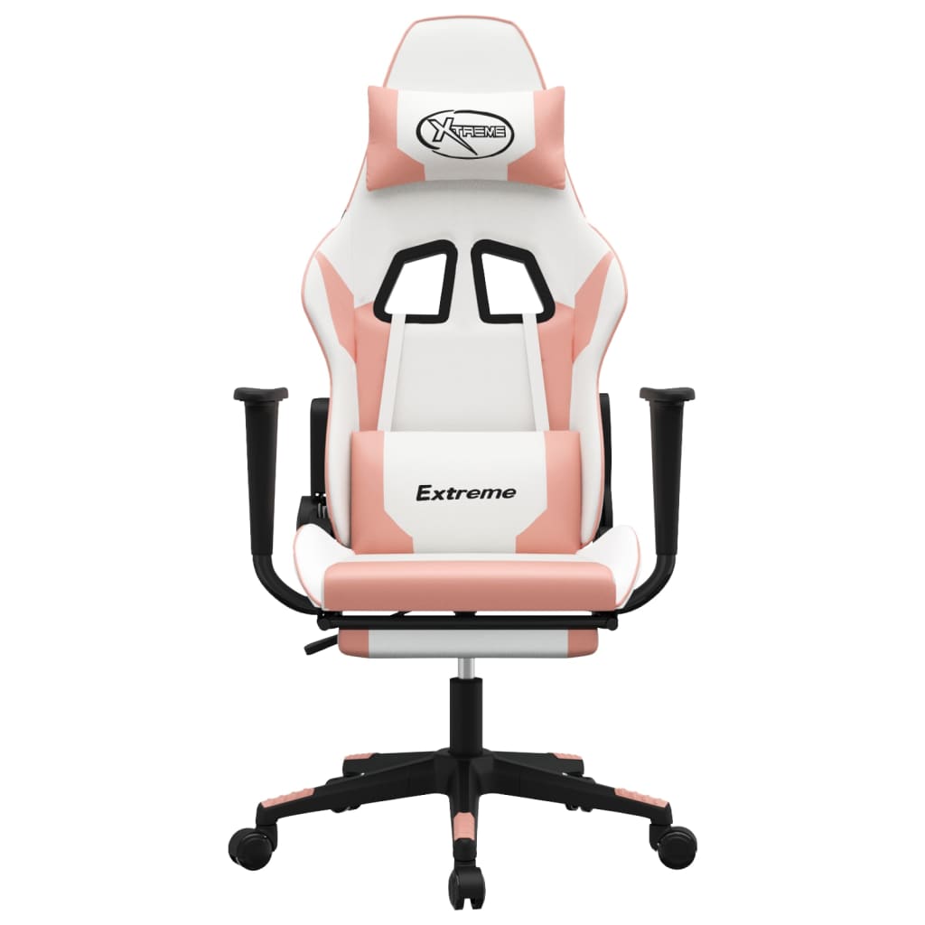 vidaXL Silla gaming masaje y reposapiés cuero sintético blanco y rosa