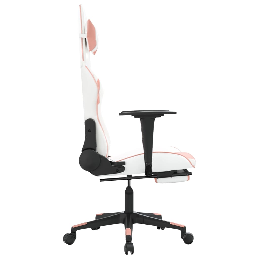 vidaXL Silla gaming masaje y reposapiés cuero sintético blanco y rosa