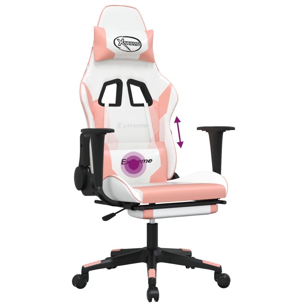 vidaXL Silla gaming masaje y reposapiés cuero sintético blanco y rosa