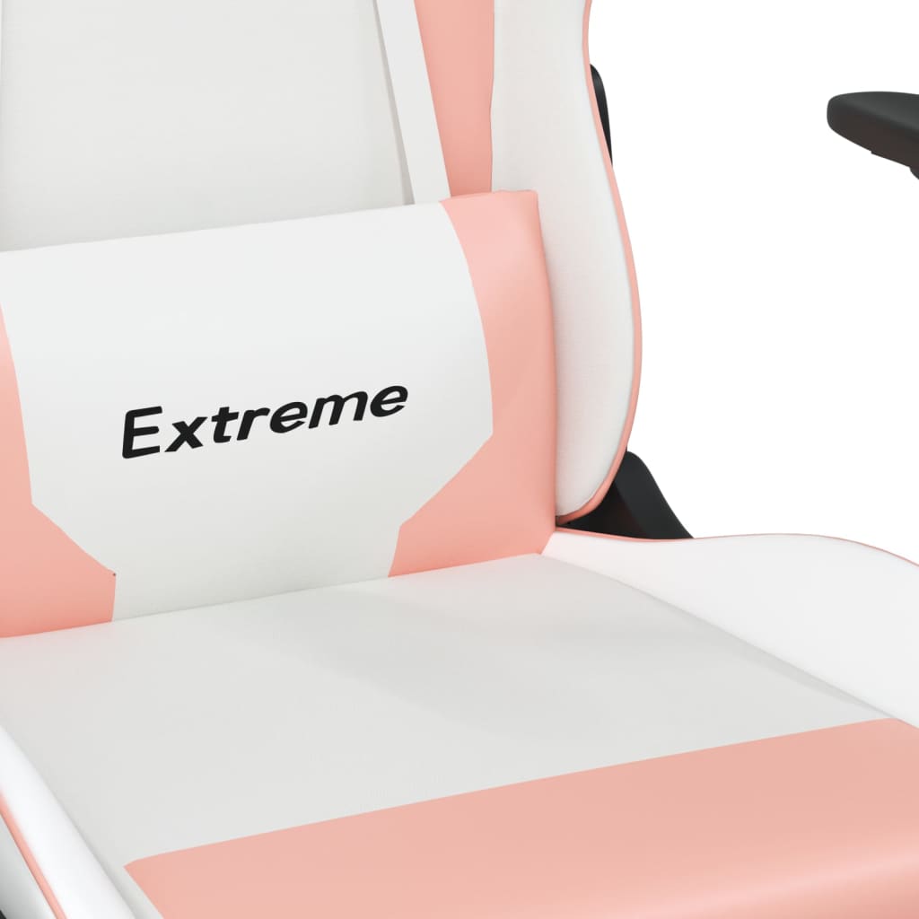 vidaXL Silla gaming masaje y reposapiés cuero sintético blanco y rosa