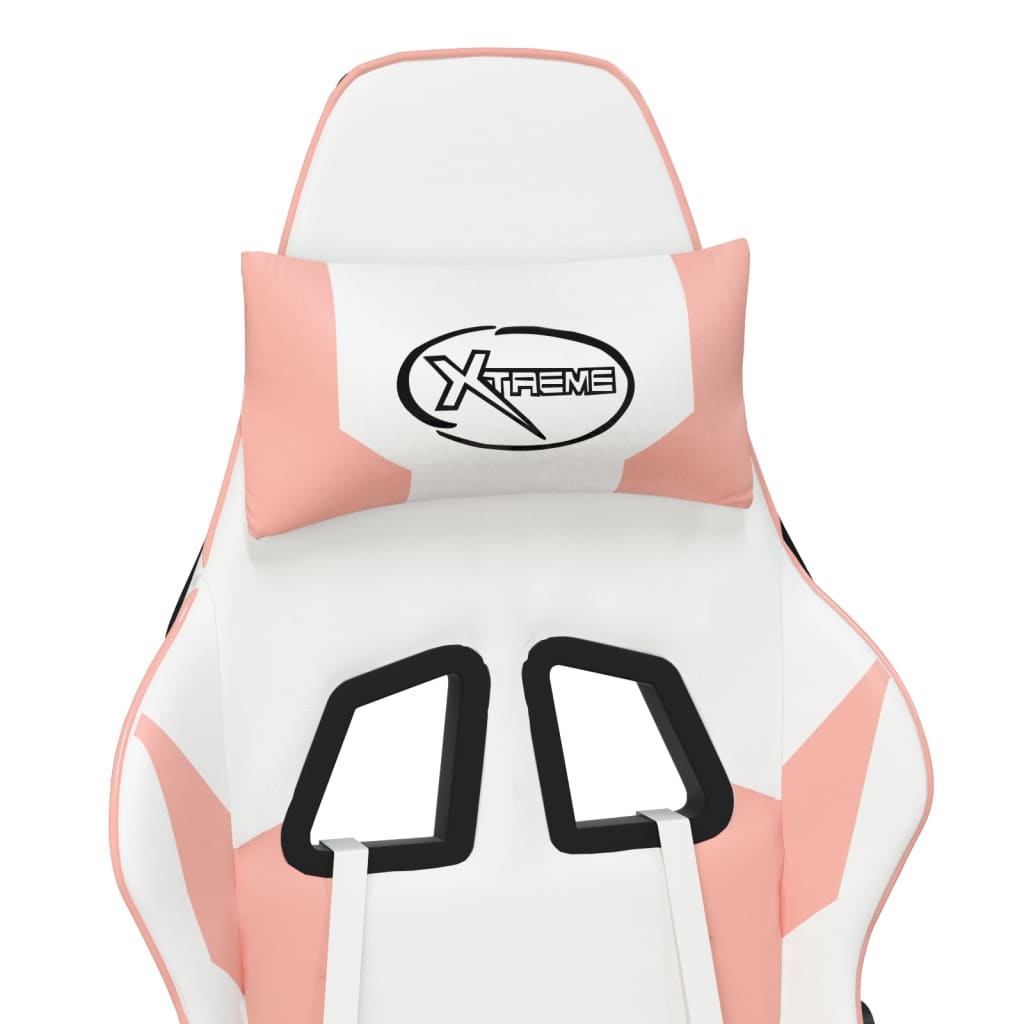 vidaXL Silla gaming masaje y reposapiés cuero sintético blanco y rosa