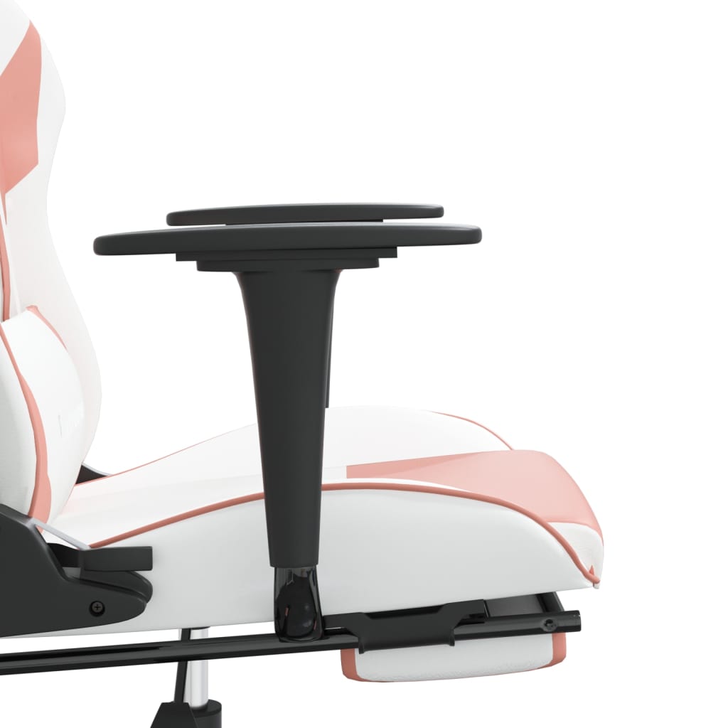 vidaXL Silla gaming masaje y reposapiés cuero sintético blanco y rosa