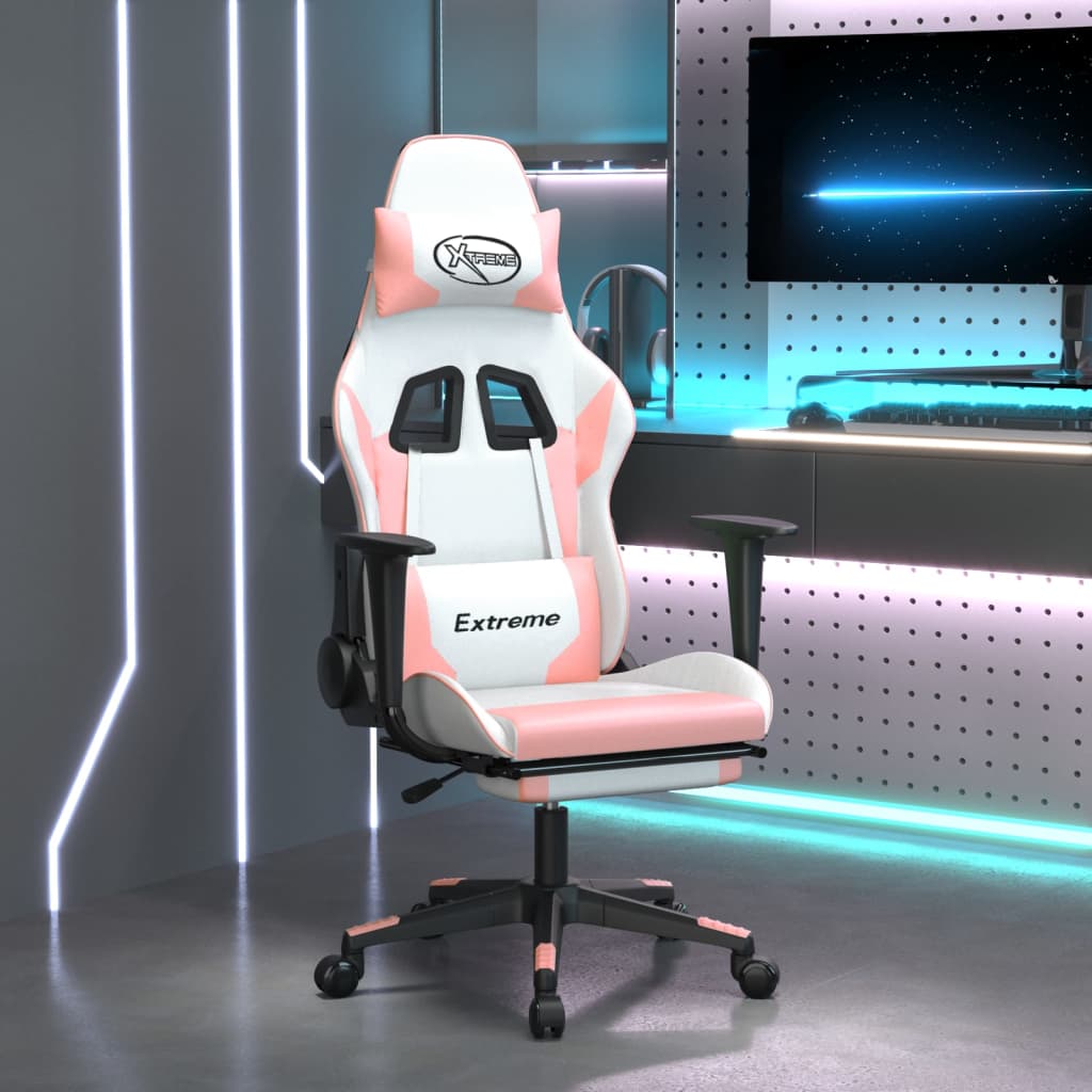 vidaXL Silla gaming masaje y reposapiés cuero sintético blanco y rosa