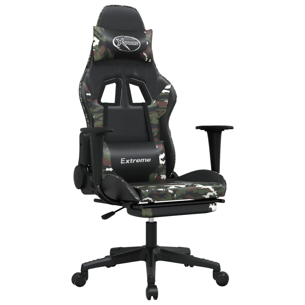 vidaXL Silla gaming masaje reposapiés cuero sintético negro camuflaje